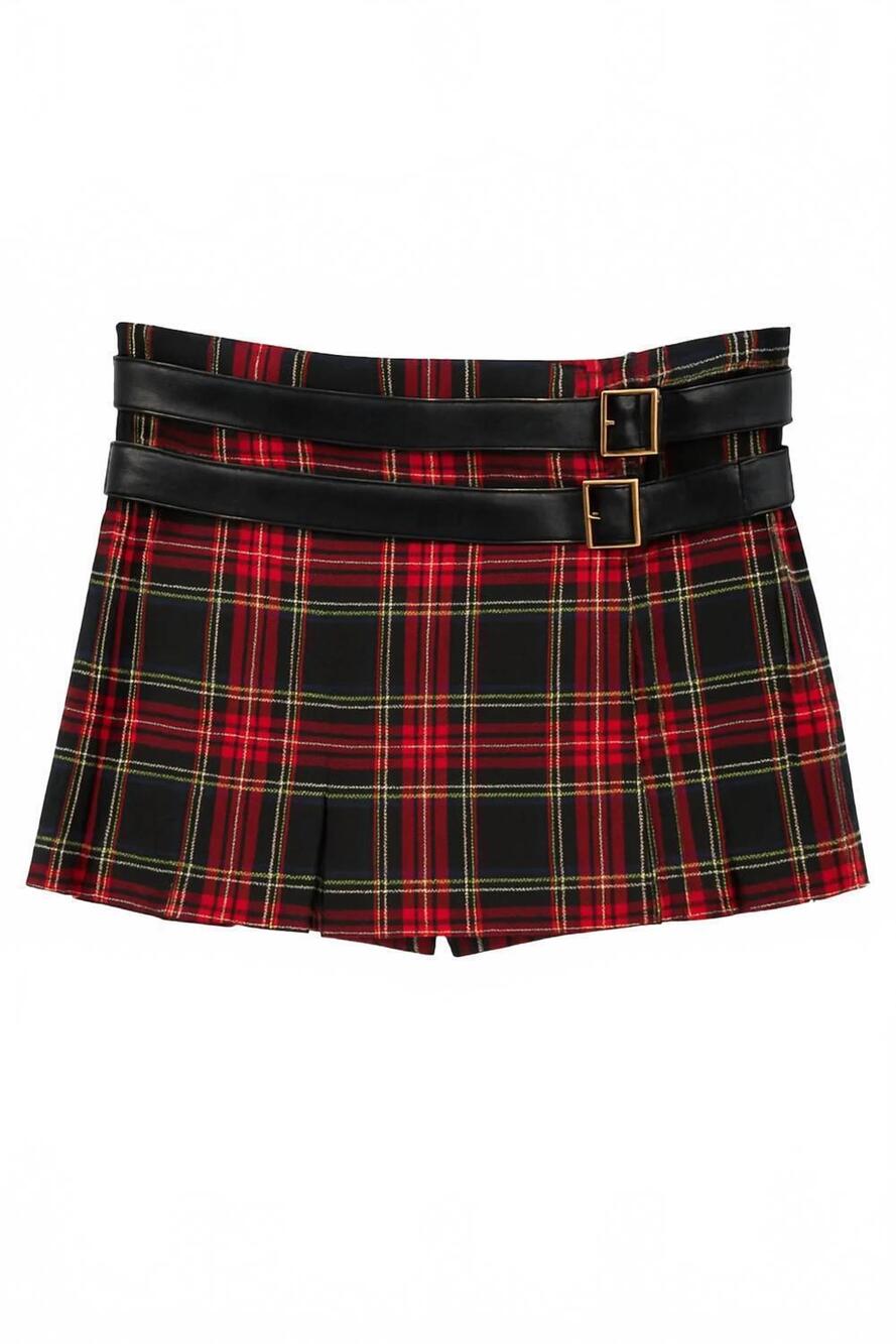 NEW KATIE J NYC women's axel buckle detail mini skirt in red tartan